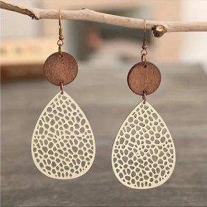 Vintage Boho Hollow Leaf Shape Leather Wood Earrings